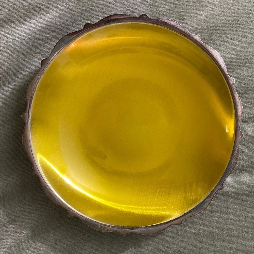 WM A Rogers mid century silver plate yellow enamel pedestal candy dish bowl OSK